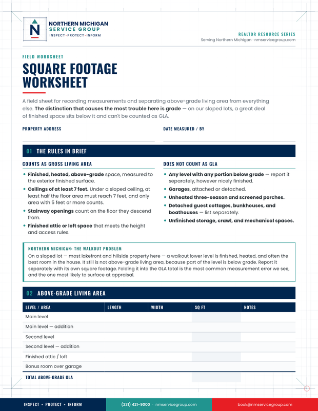 First page of the Square Footage Worksheet
