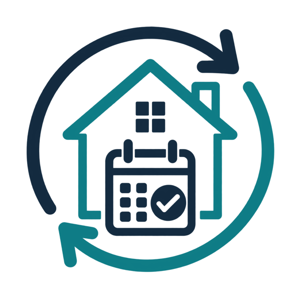 Annual home checkup icon: house with teal cycle arrows for recurring maintenance