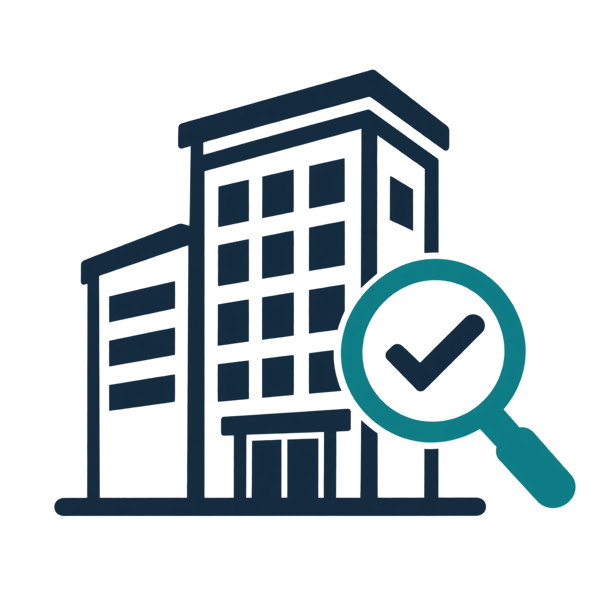 Commercial inspection icon: commercial building with a magnifying glass
