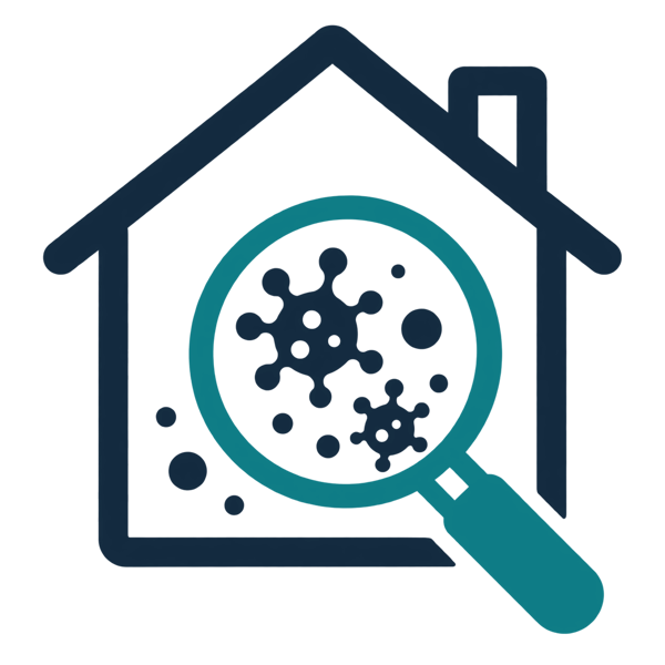 Mold inspection icon: house with a magnifying glass examining mold growth