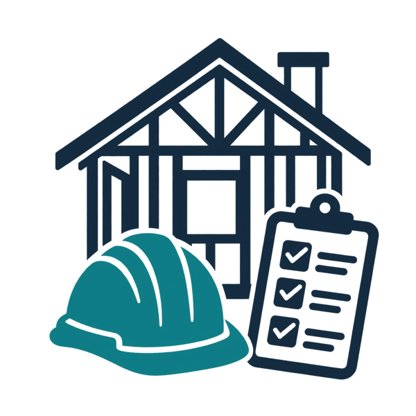 New construction inspection icon: house under construction with a teal hard hat