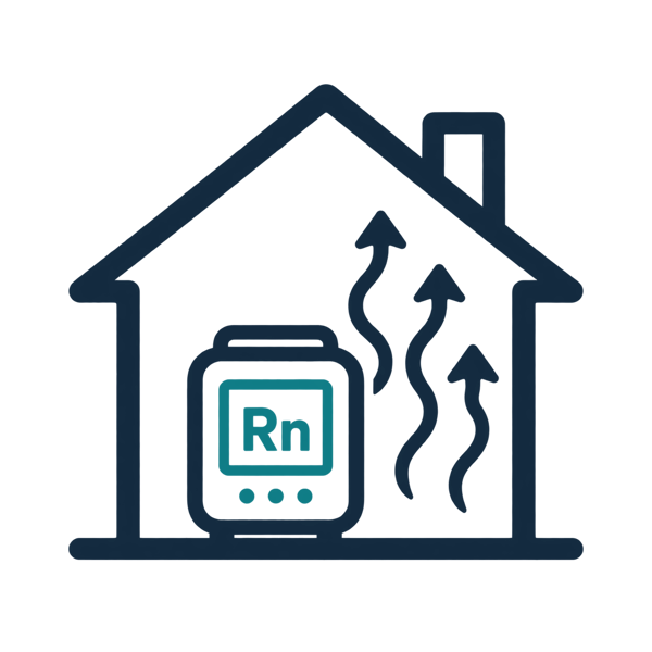 Radon testing icon: house with a radon monitor showing an Rn readout and soil gas rising