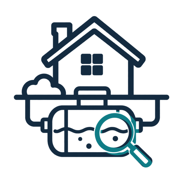Septic inspection icon: house with an underground septic tank and a teal magnifying glass