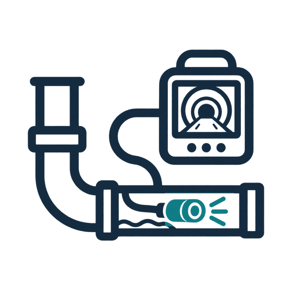 Sewer scope icon: drain pipe with a teal camera head and monitor screen