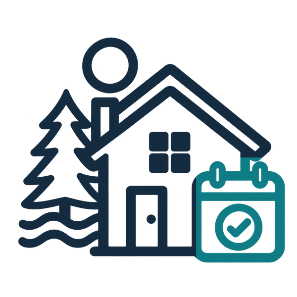 Vacation home services icon: Northern Michigan house with pine trees and lakeshore, and a teal scheduling calendar with checkmark