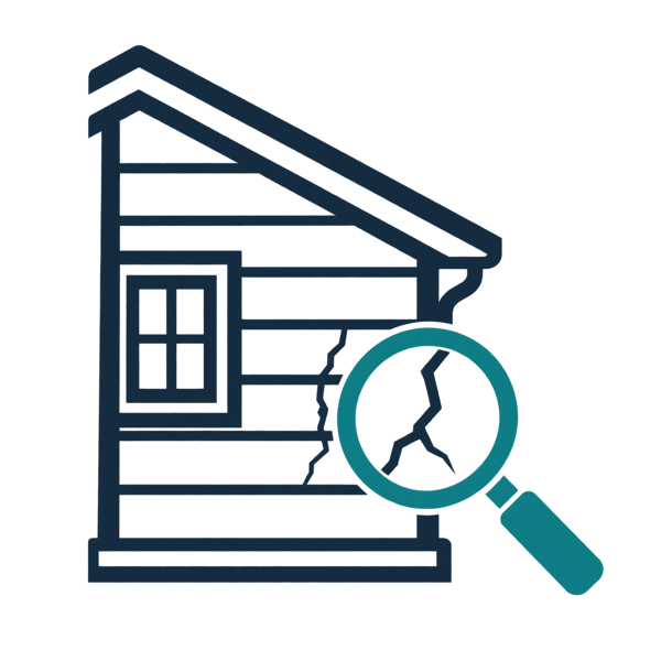 Wall inspection icon: house with a magnifying glass examining wall structure