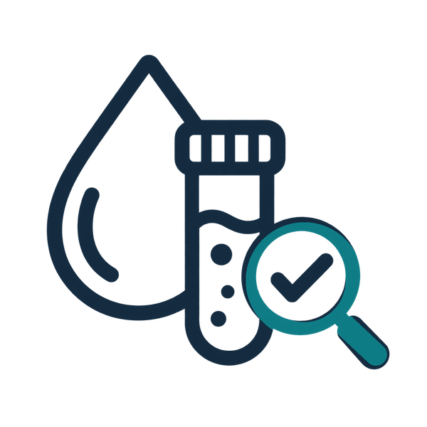 Water testing icon: water droplet and sample vial with a teal magnifying glass and checkmark