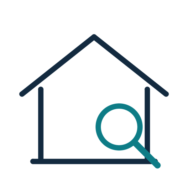 Step three icon: house outline with a teal magnifying glass